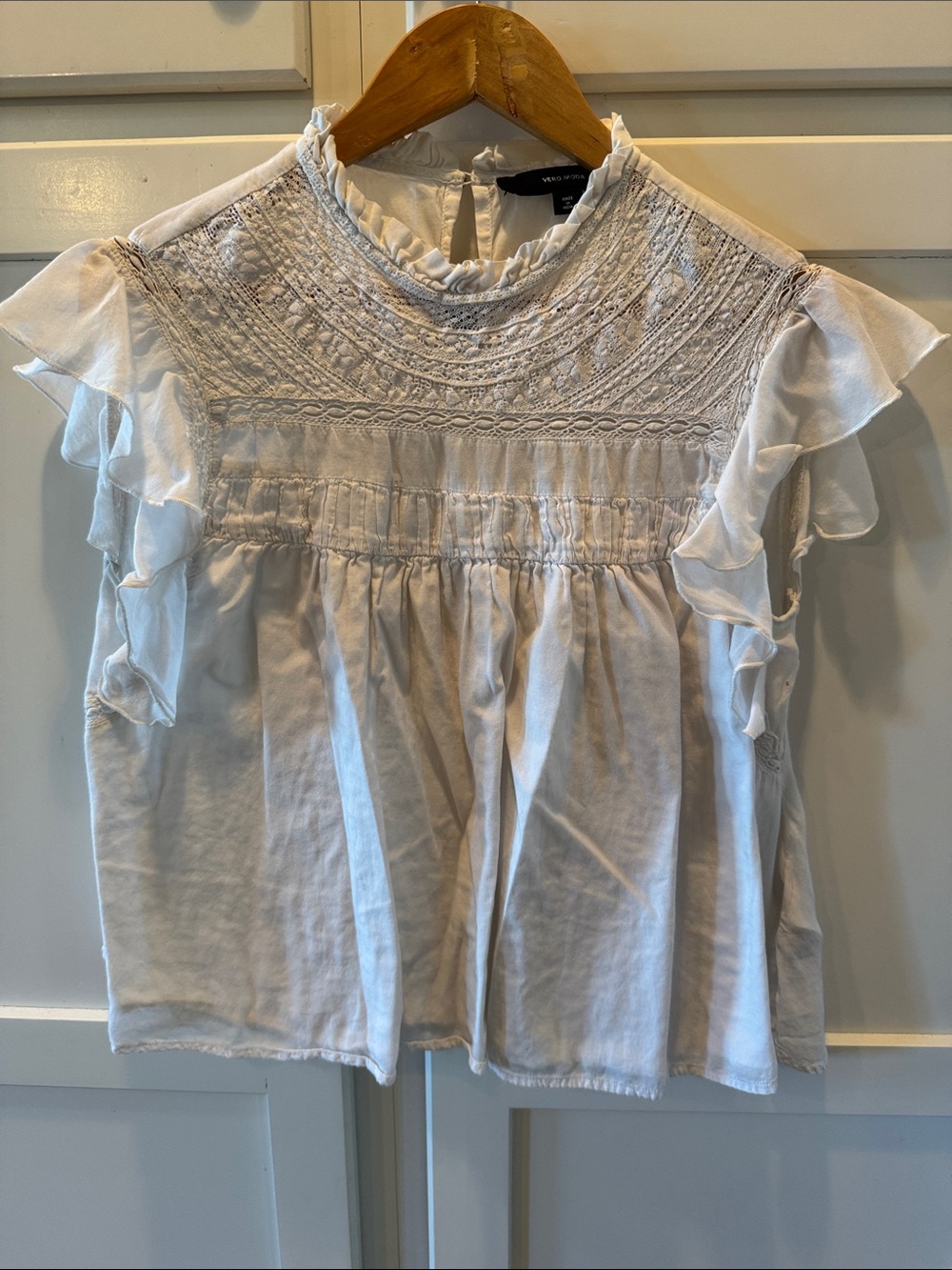 Vero Moda White Lace Yoke Ruffle Sleeve Blouse